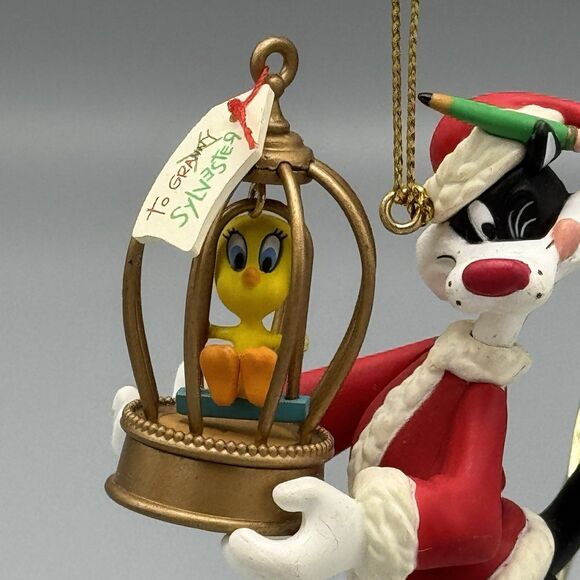 1995 Warner Brothers Santa Sylvester & Tweety Bird in Cage Christmas Ornament 3" - Picture 5 of 10